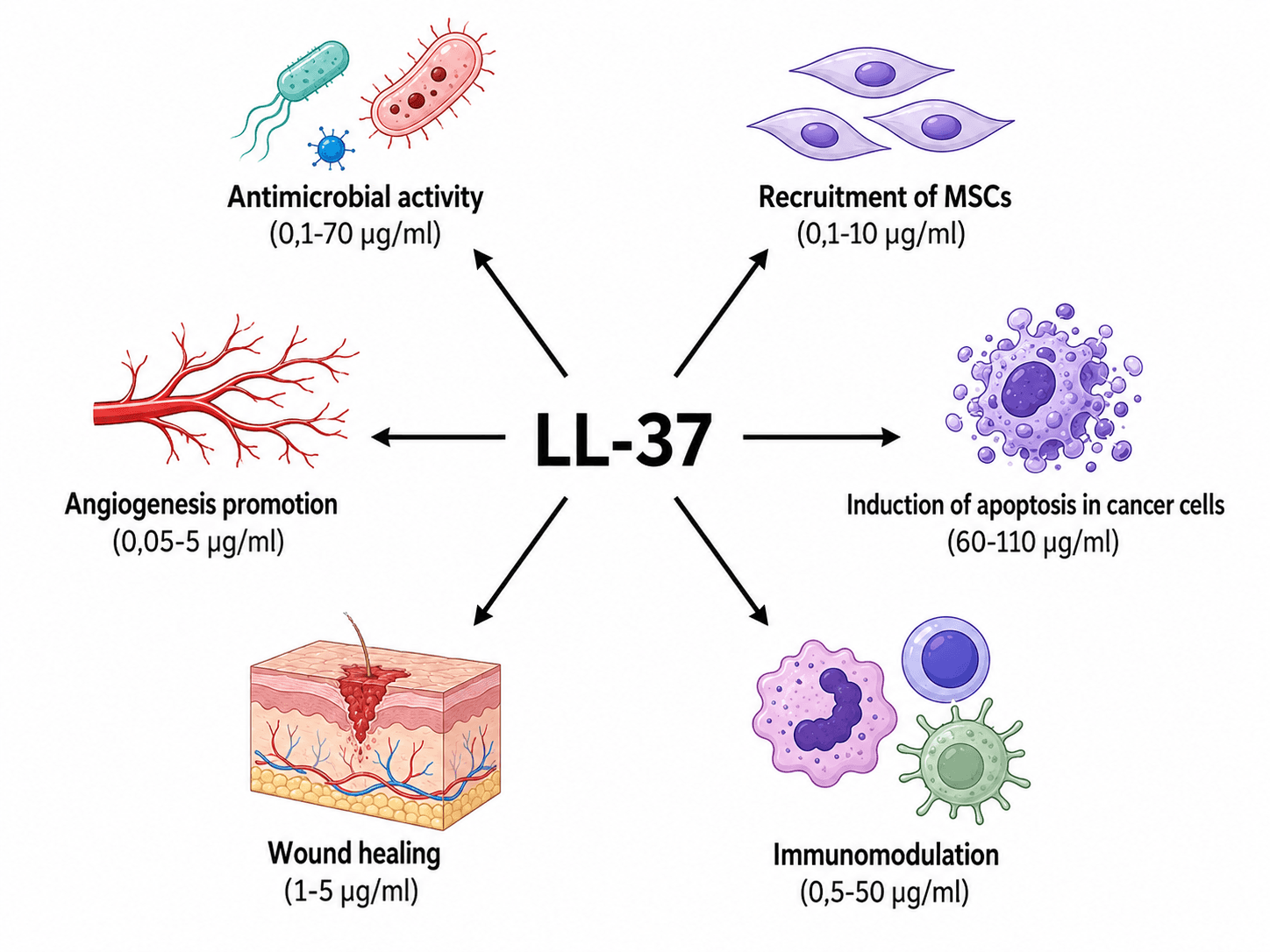 LL-37 activity diagram showing antimicrobial activity, mesenchymal stem cell recruitment, apoptosis induction, immunomodulation, wound healing, and angiogenesis promotion